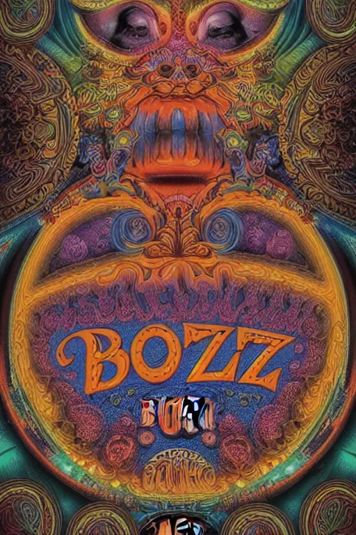 Image similar to Flowing lettering that says The Bozone, Fillmore concert poster for The Bozone by Robert Crumb, by Victor Moscoso, by Laurie Lipton, black light velvet poster, intricate paisley filigree, Bozo the clown. Clown motif, Shiny bulbous red clown nose at the center of an infinite fractal mandala tunnel of clowns, Unreal Engine, Cryengine, Artstation