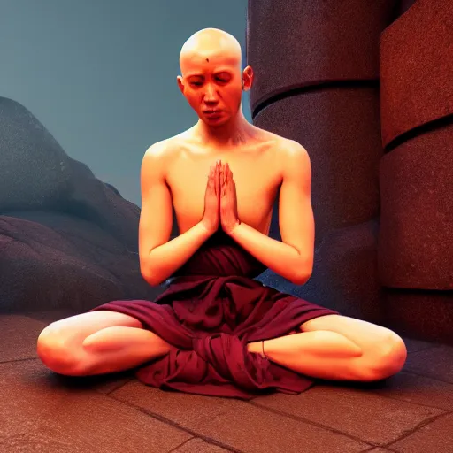 Image similar to an cybernetic monk praying with hands above head, monk robe and tattoos, octane render, unreal engine, 8 k, cinematic, artwork by ilya kuvshinov