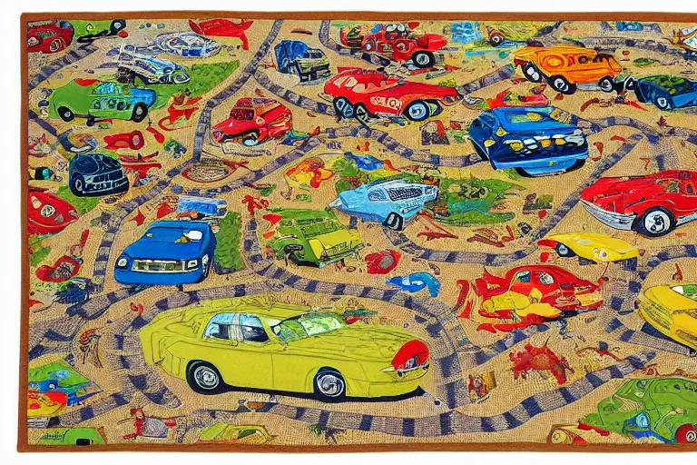 Image similar to an elaborate kids road map carpet rug, detailed, made of penned illustrations, by wes anderson and geoff darrow!!!!!