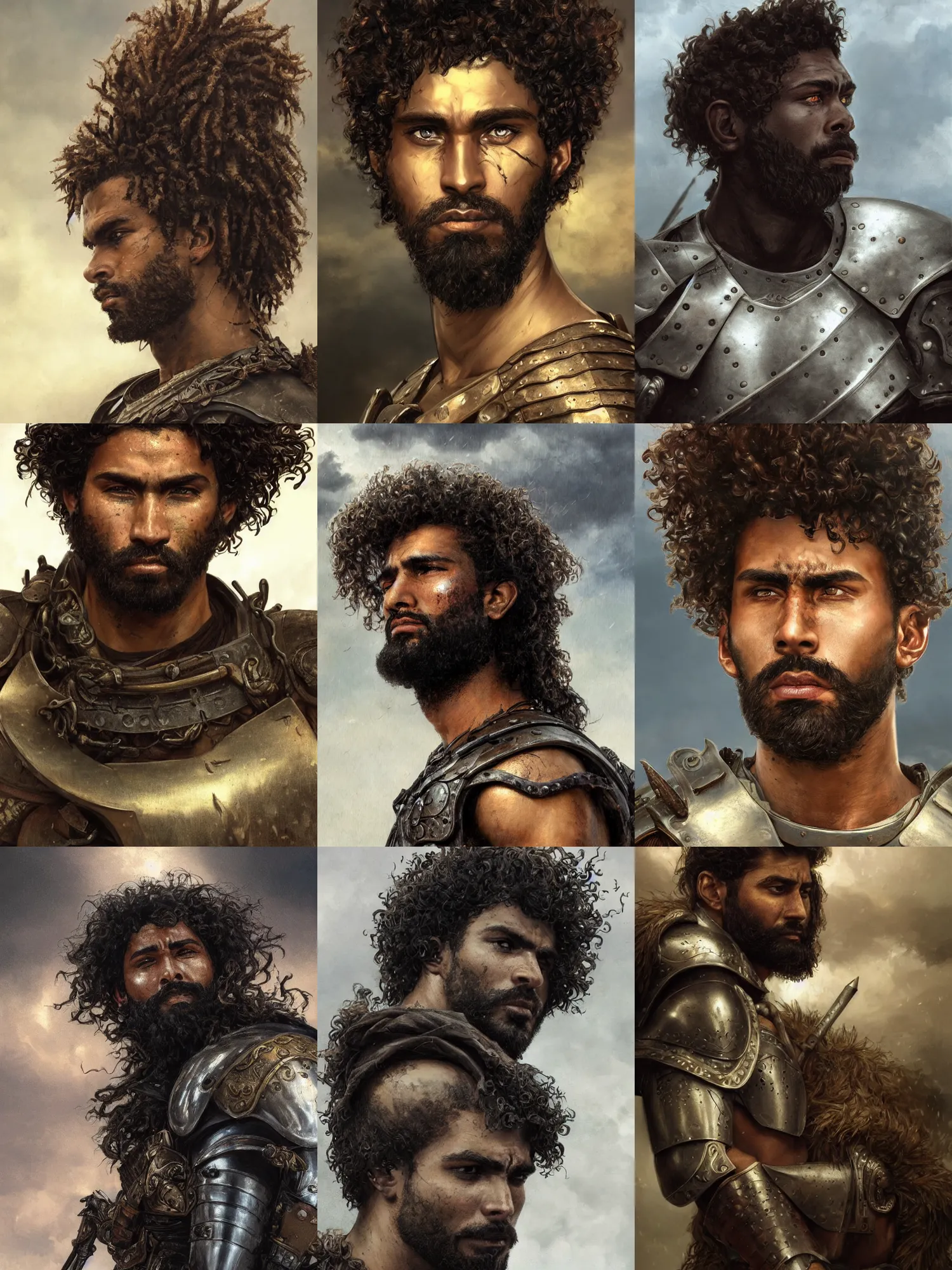 Prompt: close up picture of a male warrior looking at the sky, angry, sad, rugged, black plate armor, simple, brown skin, messy curly hair, unkempt beard, highly detailed, detailed face, smooth, sharp focus, chiaroscuro, digital painting, artgerm, greg rutkowski, alphonse mucha, young adult light novel cover art