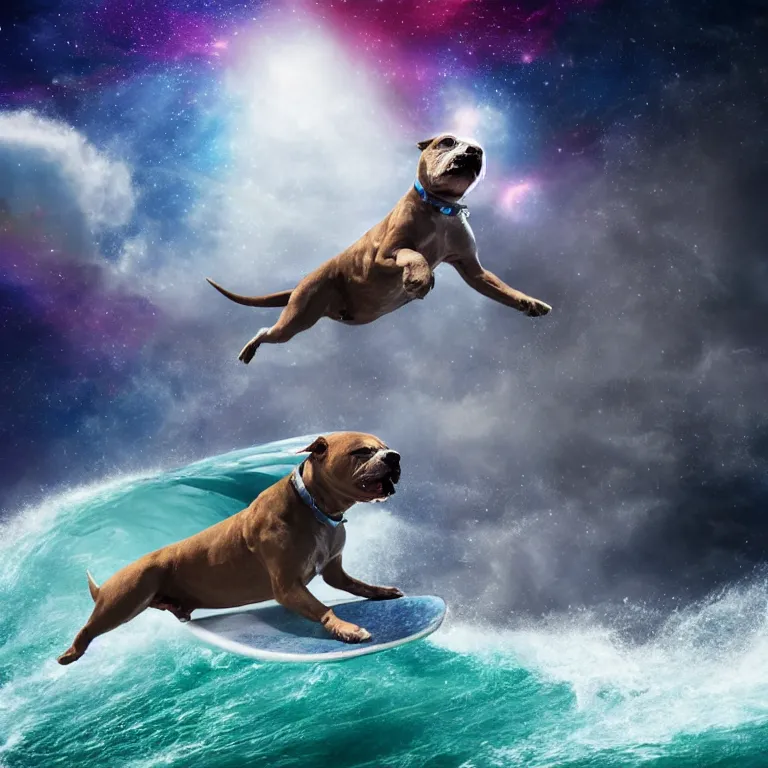 Image similar to photo of a female pit bull with a gray coat and white paws, surfing on a surfboard in a crashing wave of alien ocean in space, background is an alien galaxy, aliens in the background, alien colors, octane render, unreal engine, wide view, 8 k, high detaild