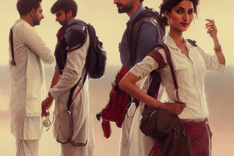 Image similar to Anxious good looking pale young Indian doctors wearing American clothes at the airport, portrait, elegant, intricate, digital painting, artstation, concept art, smooth, sharp focus, illustration, art by artgerm and greg rutkowski and alphonse mucha