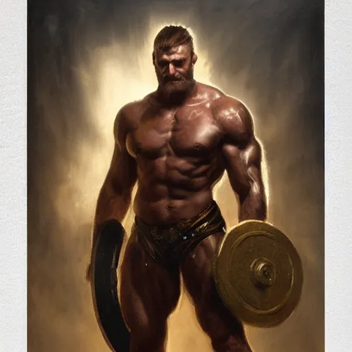 Prompt: handsome portrait of a spartan guy bodybuilder posing, radiant light, caustics, war hero, metal gear, steel bull run, by gaston bussiere, bayard wu, greg rutkowski, giger, maxim verehin