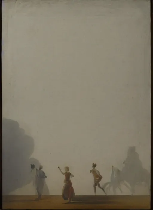 Prompt: hazy silhouettes of figures from baroque paintings on a white background