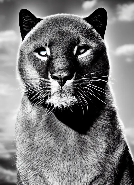 Image similar to black panther black and white portrait white sky in background