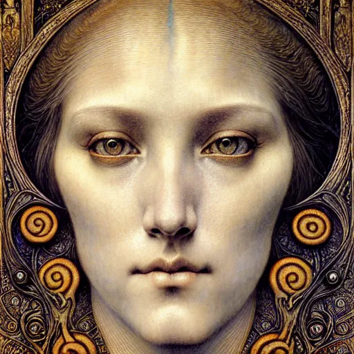 Image similar to detailed realistic beautiful young medieval queen face portrait by jean delville, gustave dore, ernst haeckel and marco mazzoni, art nouveau, symbolist, visionary, gothic, pre - raphaelite