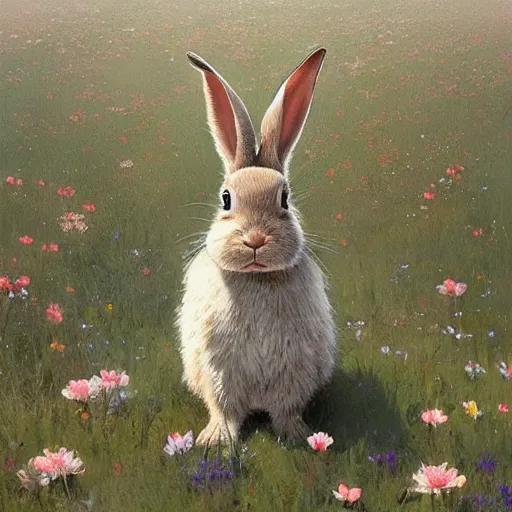 Image similar to a rabbit in a field of beautiful flowers, by stanley lau and greg rutkowski