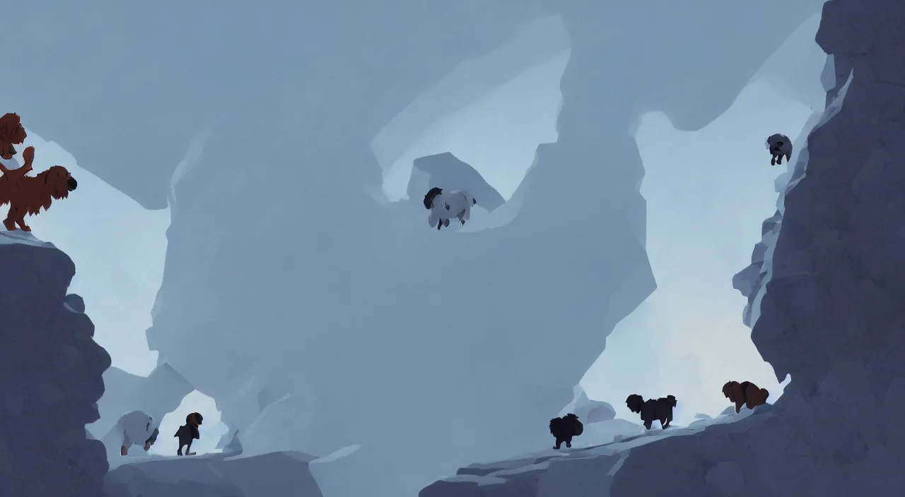 Prompt: havanese dogs rescuing arctic explorers at the edge of an ice cliff, 1 9 0 0, tartakovsky, atey ghailan, goro fujita, studio ghibli, rim light, scary, afternoon lighting, clear focus, very coherent