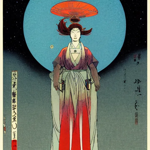 Image similar to a stunning portrait of a sci fi female oracle of flames by moebius hd wallpaper ukiyo - e oil on canvas matte illustration poster character art