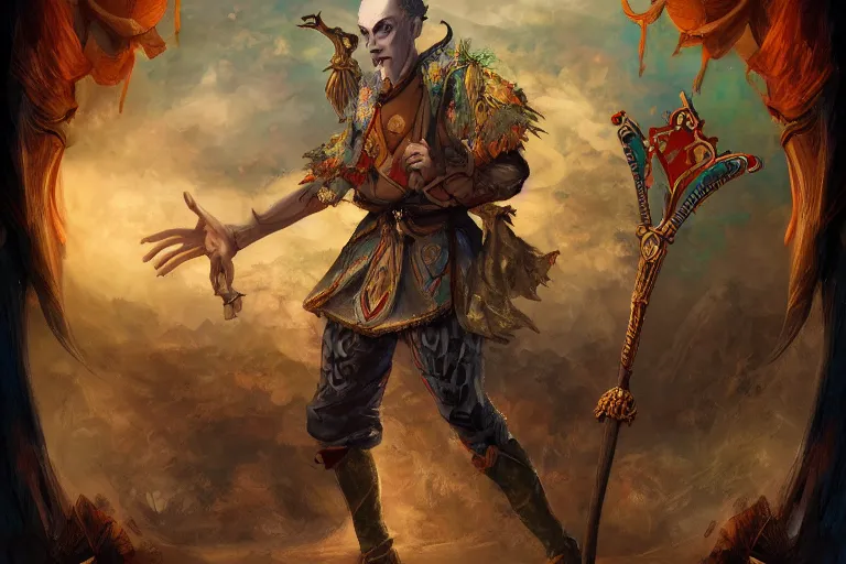 Prompt: the fool from major arcana character concept art, digital painting, mixed media, trending on artstation and deviantart, epic composition, magnum opus, highly detailed, 8 k