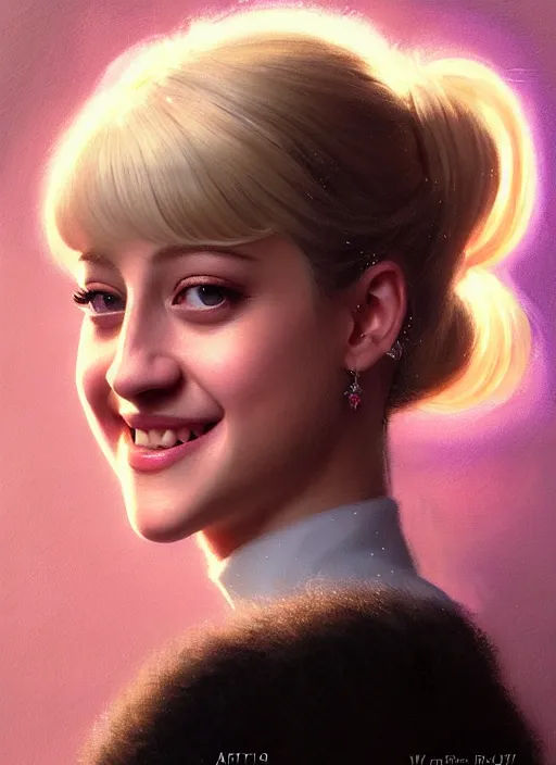 Image similar to portrait of lili reinhart with fluffy bangs, smiling kindly, bangs, 1 9 6 0 s, ponytail, fluffy bangs and ponytail, intricate, elegant, glowing lights, highly detailed, digital painting, artstation, concept art, smooth, sharp focus, illustration, art by wlop, mars ravelo and greg rutkowski