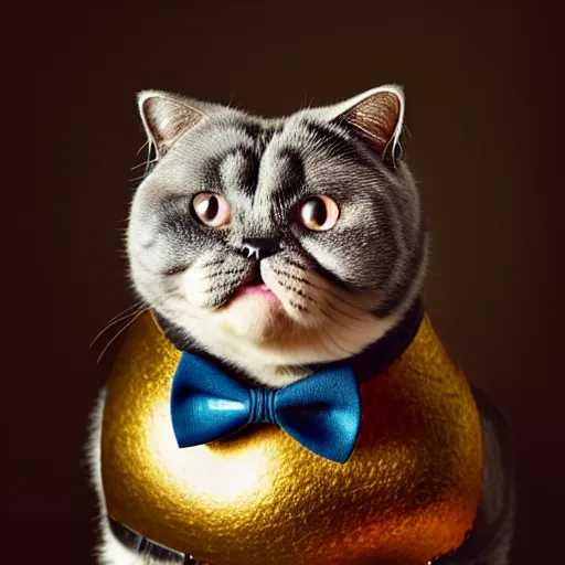 Image similar to a cute chubby Scottish fold cat with bow tie portrait, partially clothed in metal-plated battle armor, face centred, atmospheric lighting, painted, intricate, volumetric lighting, beautiful, golden hour, sharp focus, ultra detailed, by Leesha Hannigan, Ross Tran, Thierry Doizon, Kai Carpenter, Ignacio Fernández Ríos