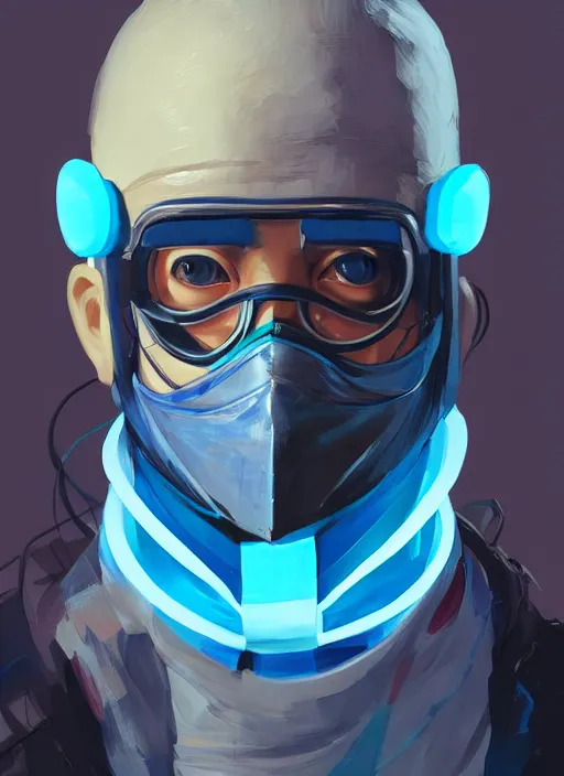 Prompt: concept art close up blue cyberpunk character with a surgical mask, by shinji aramaki, by christopher balaskas, by krenz cushart