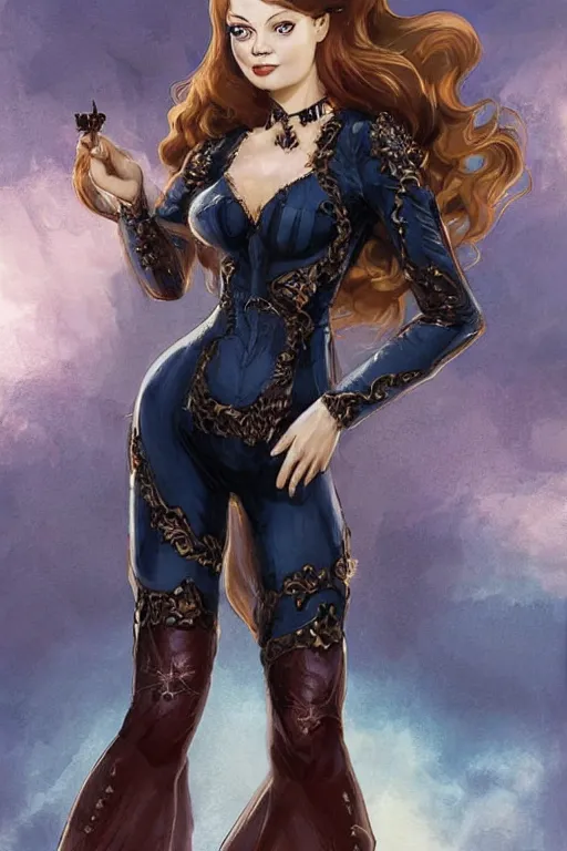 Image similar to frontal standing pose portrait of Sabrina the Teenager Witch, very beautiful young woman, ginger straight hair, Victorian-era push-up underwire. Intricate, concept art, magic mystique imagery themed, D&D!, fantasy style, sharp focus!, ultra detailed, art by Artgerm and Peter Andrew Jones, WLUP, Magali Villeneuve