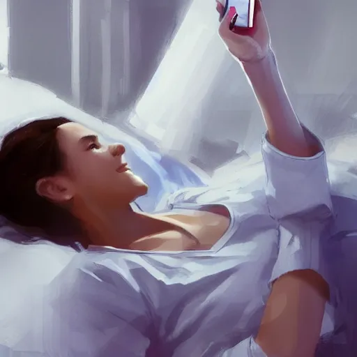 Image similar to a very beautiful female doctor in scrubs, looking at her phone, smiling, close up, laying on bed, hospital room, by greg rutkowski, trending on artstation