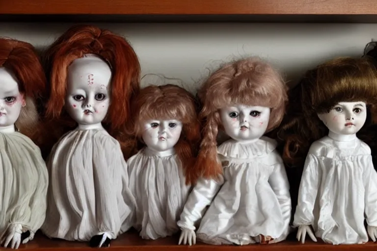 Image similar to < photo quality = scary > shelf of demonic porcelain dolls judging you for being awake so late < / photo >