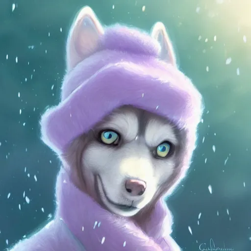 Prompt: aesthetic portrait commission of a furry husky with lavender and pastel pink colored cozy soft pastel winter outfit, short depth of field close up shot hyper-detailed, soft snowy winter Atmosphere. Character design by charlie bowater, ross tran, artgerm, and makoto shinkai, detailed, inked, western comic book art, 2021 award winning painting