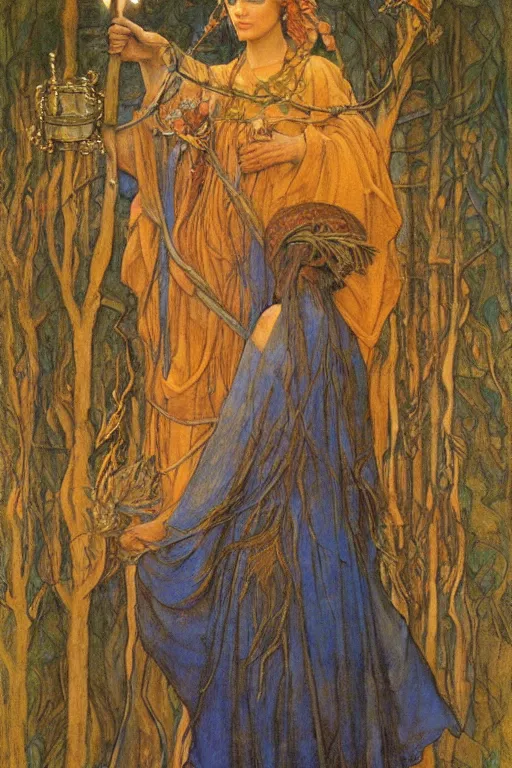 Prompt: queen of the forest with her lantern, by Annie Swynnerton and Nicholas Roerich and jean delville, dramatic cinematic lighting , ornate headdress , flowing robes, lost civilizations, extremely detailed