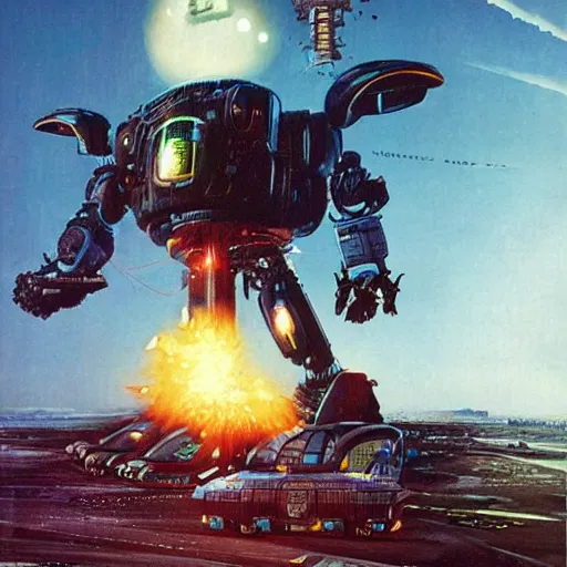 Image similar to giant robot attacks schoolbus, chris foss, john harris, beeple, wayne barlowe