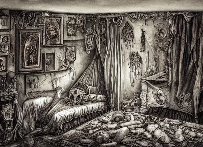 Image similar to a childhood bedroom by adonna khare, and h. r. giger, liminal aesthetic, dreamcore, weirdcore, clean lines, wide angle