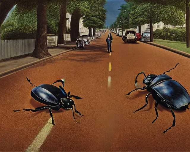 Prompt: a highly detailed matte painting of the faces of john lennon, paul mccartney, george harrison and ringo starr on four insect brown beetles, on abby road, as a photograph, in the style of greg rutkowski and remedios varo, ultra realistic, detailed, intricate, full of color, 4 k, hyperrealistic, focused, extreme details, masterpiece