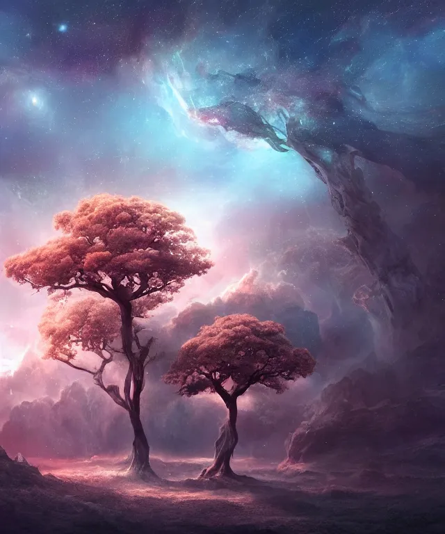 Prompt: a beautiful dreamlike terrain with large twisting trees and the nebula peeking through the sky, digital matte painting by yucong tang