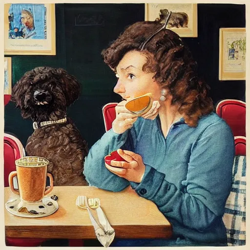 Image similar to Black Goldendoodle with a bright face and a puppy sitting at a diner drinking a cup of coffee, looking melancholy, Norman Rockwell style