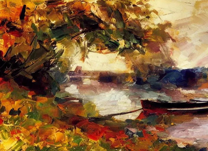 Image similar to palette knife, impasto oil painting of calm river with wooden boat, stone bridge, by hans hofmann, by frank auerbach, thick paint brush strokes, art by anders zorn, wonderful masterpiece by greg rutkowski, beautiful cinematic light, american romanticism by greg manchess, creation by tyler edlin