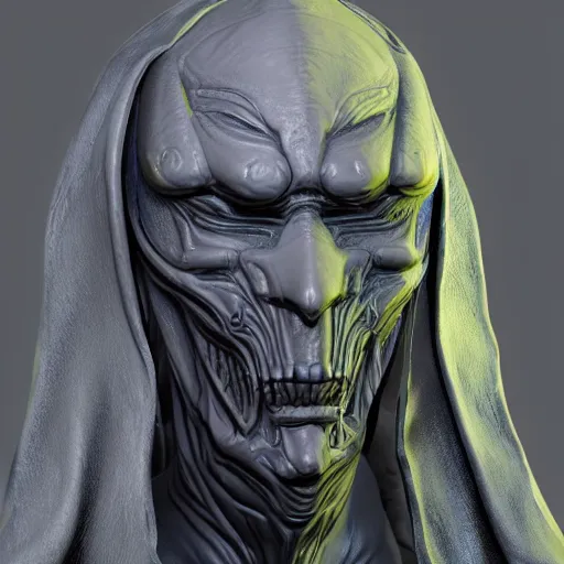 Image similar to photo of a cenobite lich illithid drow dark elf sorceror necromancer leather rendered in zbrush