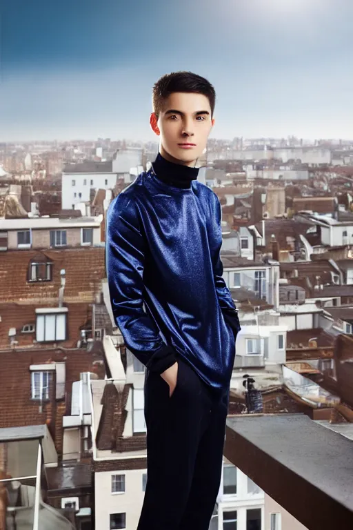 Image similar to un ultra high definition studio quality photographic art portrait of a young man standing on the rooftop of a british apartment building wearing soft padded silver pearlescent clothing. three point light. extremely detailed. golden ratio, ray tracing, volumetric light, shallow depth of field. set dressed.