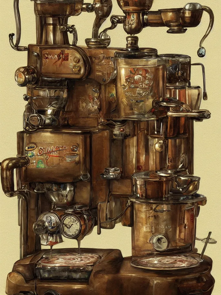 Prompt: illustration of an ancient coffee machine, by Simon Stalenhaag, by Yoshita Amano, by Esao Andrews, sharp focus, fresh colors, conceptart, trending on artstation