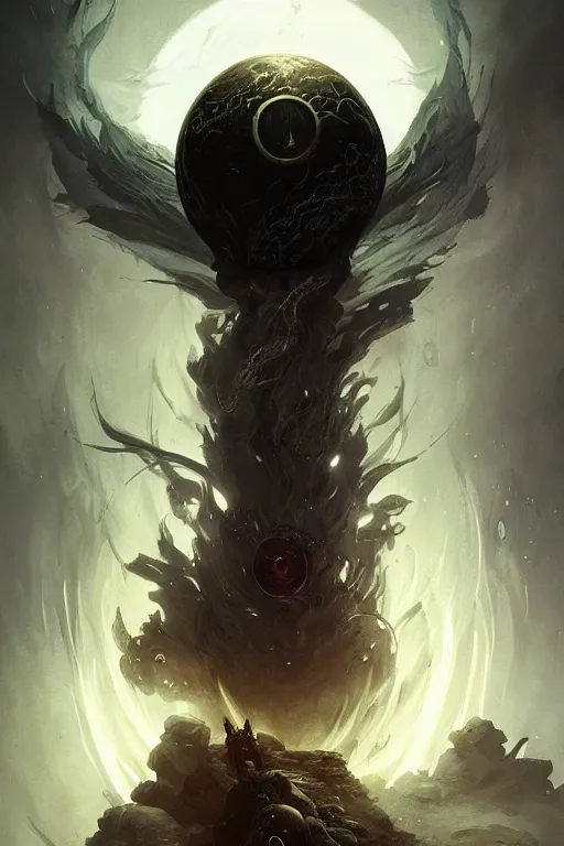 Image similar to Black Orb of Fire, digital art, fantasy, magic, trending on artstation, illustration by Seb McKinnon and Peter Mohrbacher, ultra detailed, atmospheric, powerful presence, bossfight, unsettling