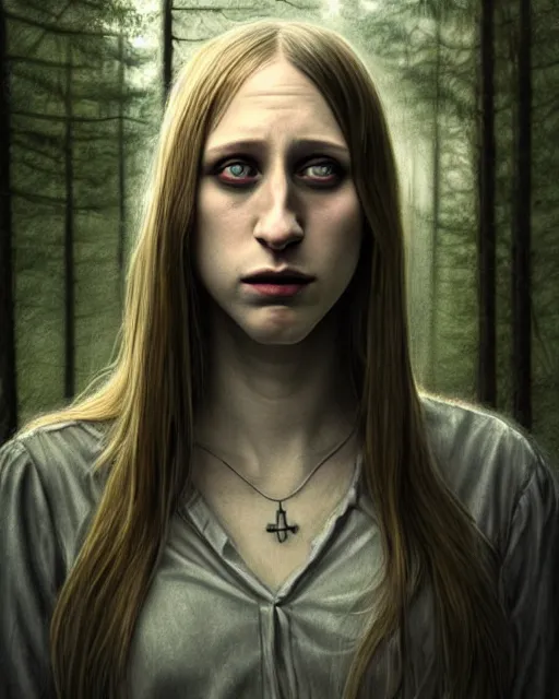 Image similar to gorgeous Taissa Farmiga full body slasher holding knife, realistic character concept, spooky, illustration, symmetrical face and body, realistic eyes, cinematic lighting, hyperdetailed, detailed realistic symmetrical eyes, 8k, high resolution, Charlie Bowater, Tom Bagshaw, single face, insanely detailed and intricate, beautiful, elegant, dark forest and trees, vfx, postprocessing