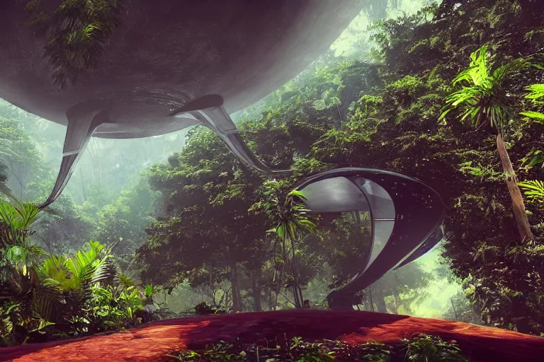 Image similar to big alien space ship flying in the tropical jungle, award winning, trending on artstation, unreal engine