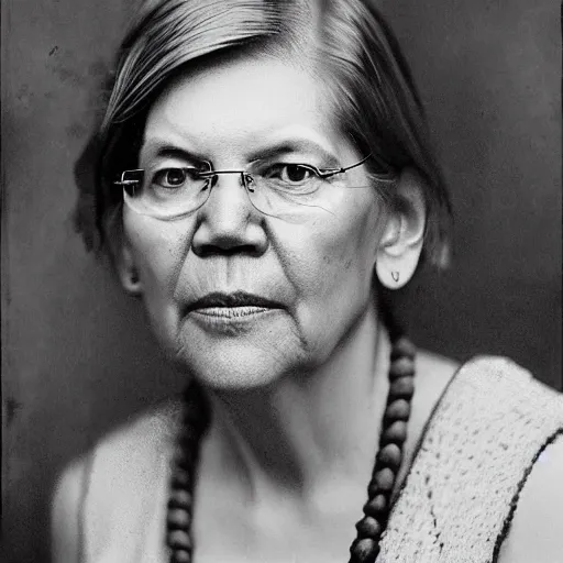 Image similar to elizabeth warren as native american chief, old photograph, sepia, highly detailed,