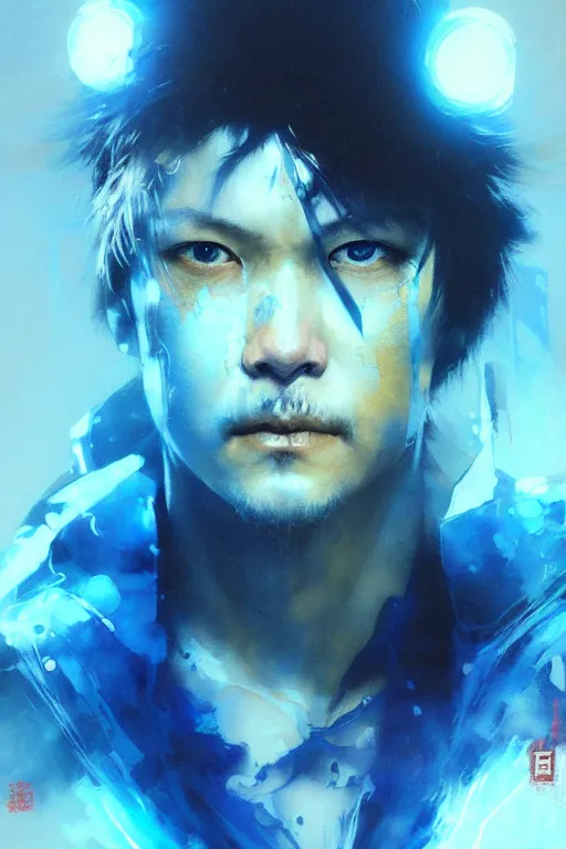 Image similar to gojo satoru, painting, beautifully glowing light blue eyes, collaborative artwork of greg ruthowski, yoji shinkawa, ruan jia, exquisitely high quality and detailed