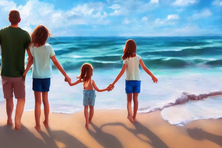 Image similar to a photorealistic photograph of a family on the beach, holding hands, far - view, art, cinematic composition, octane render, high detail, 8 k, artstation trending, jcpenney portraits, wide shot, outdoors, wide - angle lens, soft focus, very coherent
