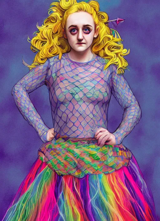 Image similar to surrealism psychedelic full body portrait sketch of evanna lynch as delirium of the endless in fishnet top and rainbow tutu skirt from the sandman, floating goldfish, green and blue eye heterochromia by alex ross, josh kirby, detailed, elegant, intricate