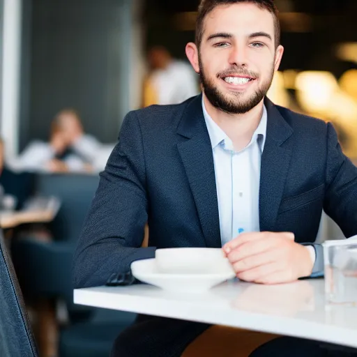 Prompt: head and shoulders male portrait of a young business professional, sitting down at a nice restaurant.