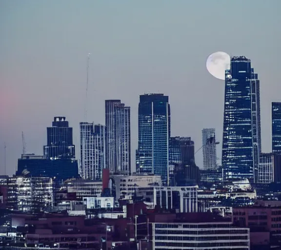 Prompt: a silhouette of a city skyline, giant moon behind city, centered, bleak, long shot, moon is centered