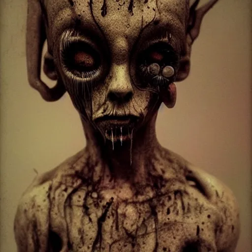 Image similar to creepy doll cursed witchcraft black eyes toy ryohei hase zdzislaw beksinski Lovecraftian dark blackness