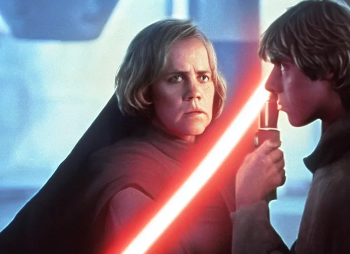 Image similar to screenshot from the lost star wars film, Luke Skywalker facing off against a female sith lord, iconic scene from the lost Star Wars film, Remnants Of the Empire, 1990 directed by Stanely Kubrick, lens flare, moody cinematography, with anamorphic lenses, crisp, detailed, 4k