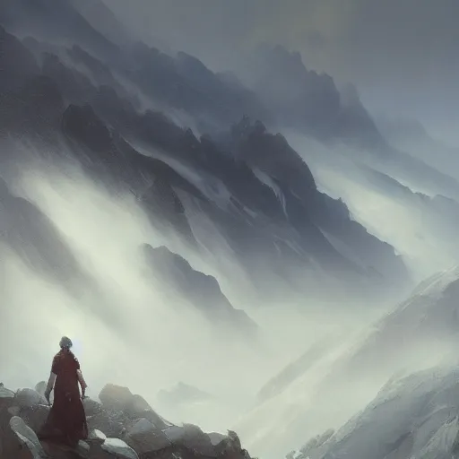 Prompt: oil painting of cinematic mountains of kashmir with a cloudy sky filled with swirling fog, Greg Rutkowski, morning lighting, mystical, fantasy