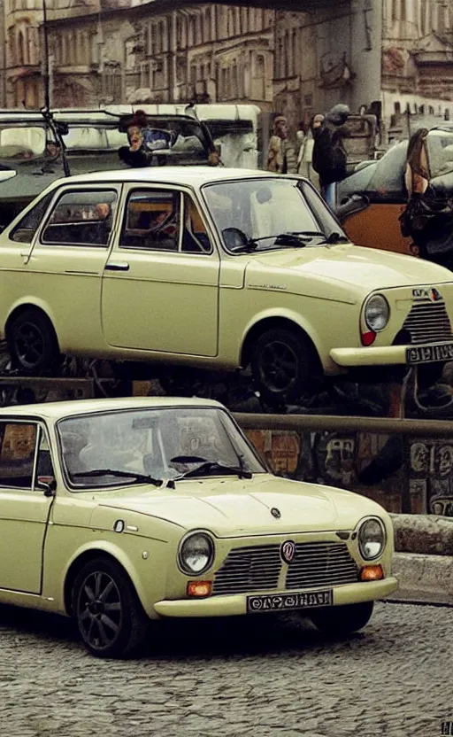 Prompt: vaz 2101 fiat 124 in east European city. Film poster. Epic cinematic