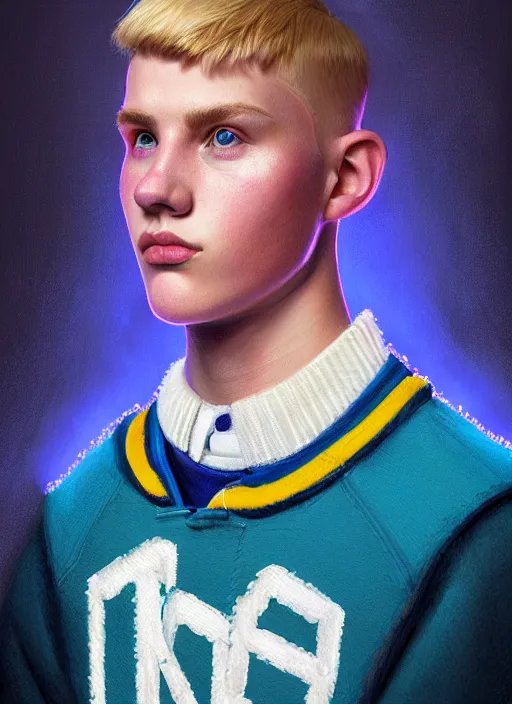 Image similar to portrait of high school senior boy named big moose, blonde short hair, jock, beefy, wide face, square jaw, square facial structure, blue varsity jacket with letter r, intricate, elegant, glowing lights, highly detailed, digital painting, artstation, concept art, sharp focus, illustration, art by wlop, mars ravelo and greg rutkowski