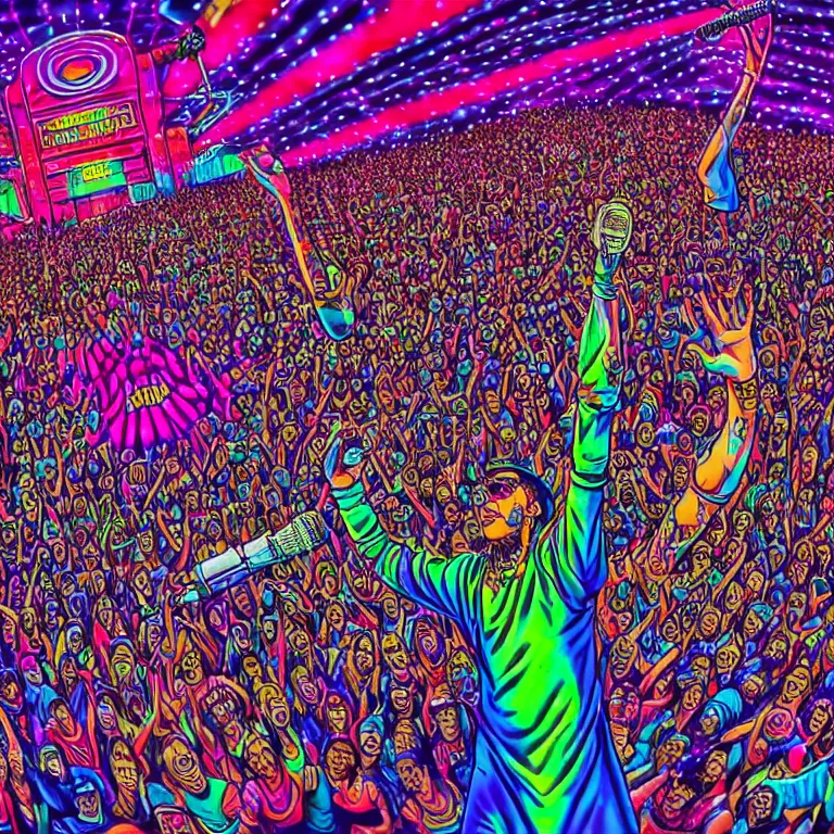 Prompt: rapping on stage at festival, holding microphone, giant crowd, epic pose, happy, psychedelic, hip hop, surreal, neon, vaporwave, detailed, illustrated by Alex Grey, 4k