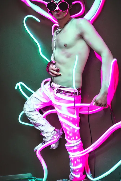 Prompt: full-body rococo and cyberpunk style neon statue of a young attractive Jose Garcia wearing cholo shades macho dotado e rico android sim roupa reclining con las piernas abertas e la piroca dura, ethereal white dripping tar, glowing white lasers, pink tigers, glowing eyes, silver prince crown, black gears, pink diamonds, swirling mint-colored silk fabric. futuristic elements. full-length view. human skulls. large intricate artwork by caravaggio. Trending on artstation, octane render, cinematic lighting from the right, hyper realism, octane render, 8k, depth of field, 3D