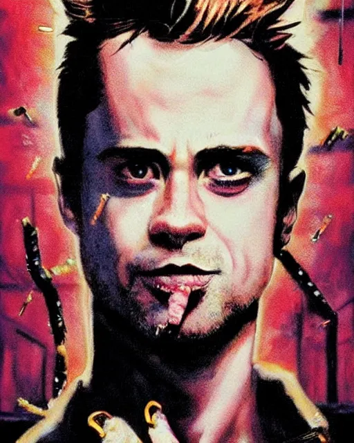 Image similar to cat in fight club, cat tyler durden, airbrush, drew struzan illustration art, key art, movie poster