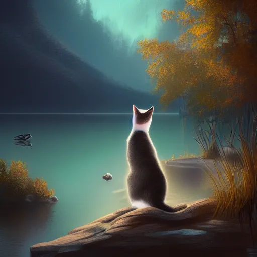 Image similar to cat at a lake staring at fish in clear water at night, hyperdetailed, artstation, cgsociety, 8k