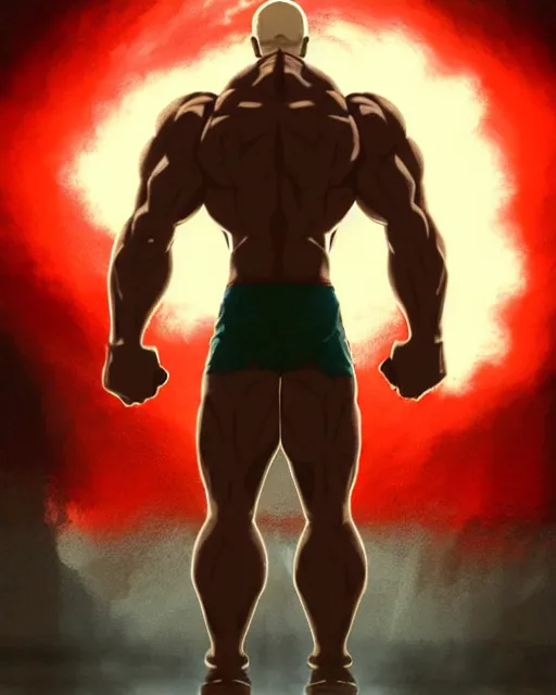 Image similar to gigachad luigi bodybuilder standing in front of a atomic blast like one punch man wearing a suit in the fight club city, fantasy character portrait, ultra realistic, anime key visual, full body concept art, intricate details, highly detailed by greg rutkowski, ilya kuvshinov, gaston bussiere, craig mullins, simon bisley